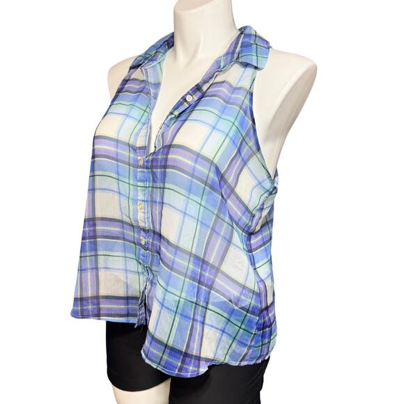Aeropostale Womens Sheer Button Down Blouse Tank Top Split Back Blue Plaid XL - Picture 5 of 8